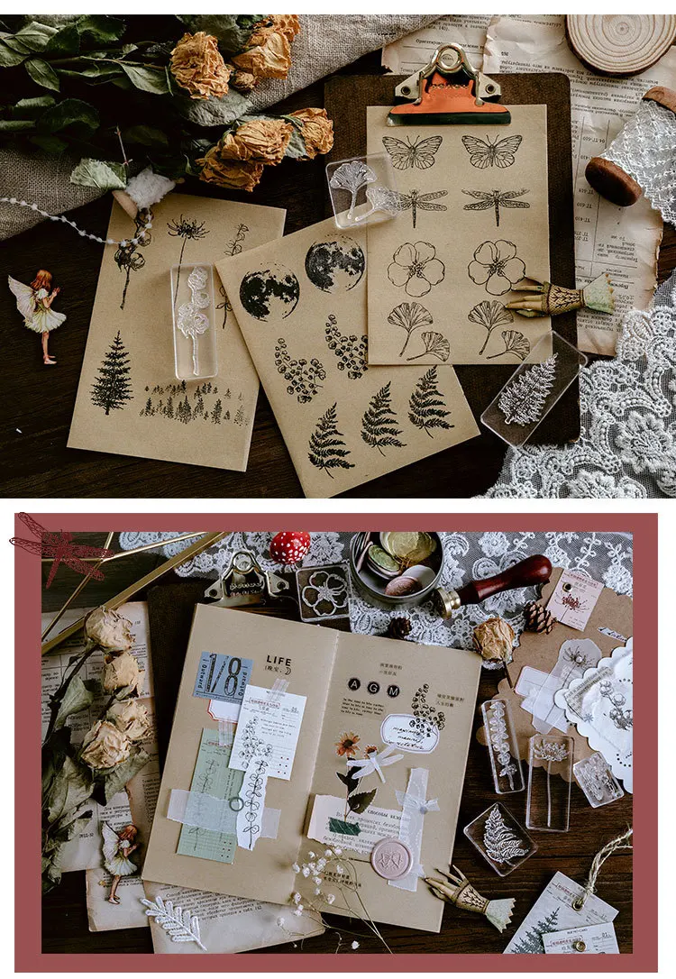 Vintage Plant Moon Butterfly Stamp DIY Acrylic Rubber Stamps for Stationery Scrapbooking Transparent Stamps