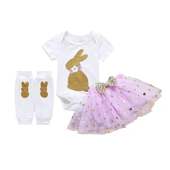 

2020 Toddler Infant Baby Girl Easter Bunny outfit set short sleeve white Tops Romper Ploka dot Tutu Skirt Dress Outfit Set