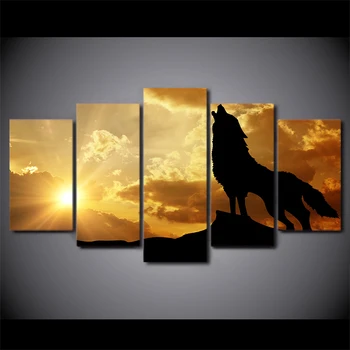 

5 Panel Howling Wolf In Sunset Canvas Painting Posters And Prints Modular Canvas Painting