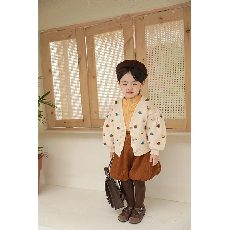 

Girls Sweater Retro Fashion Three-dimensional Flower Cardigan 2020 Autumn New Products Loose and Cute Knitwear Kids Clothes