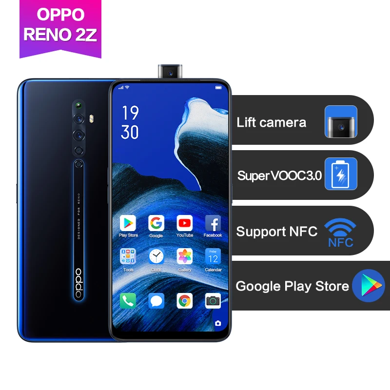 

OPPO Reno 2 Z 6.5"AMOLED screen Support NFC Google Playstore Super VOOC 3.0 4000mAh 5cameras 48MP Fingerprint ID ultra steady