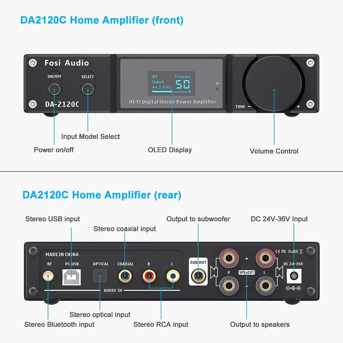 Усилитель Fosi Audio DA2120C, Bluetooth, 120 Вт, x2, Hi-Fi, 2,1 каналов