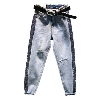 

2020 women fashion high waist hole jeans hot drilling contrast color stitching straight harem pants plus size 26-31 r50
