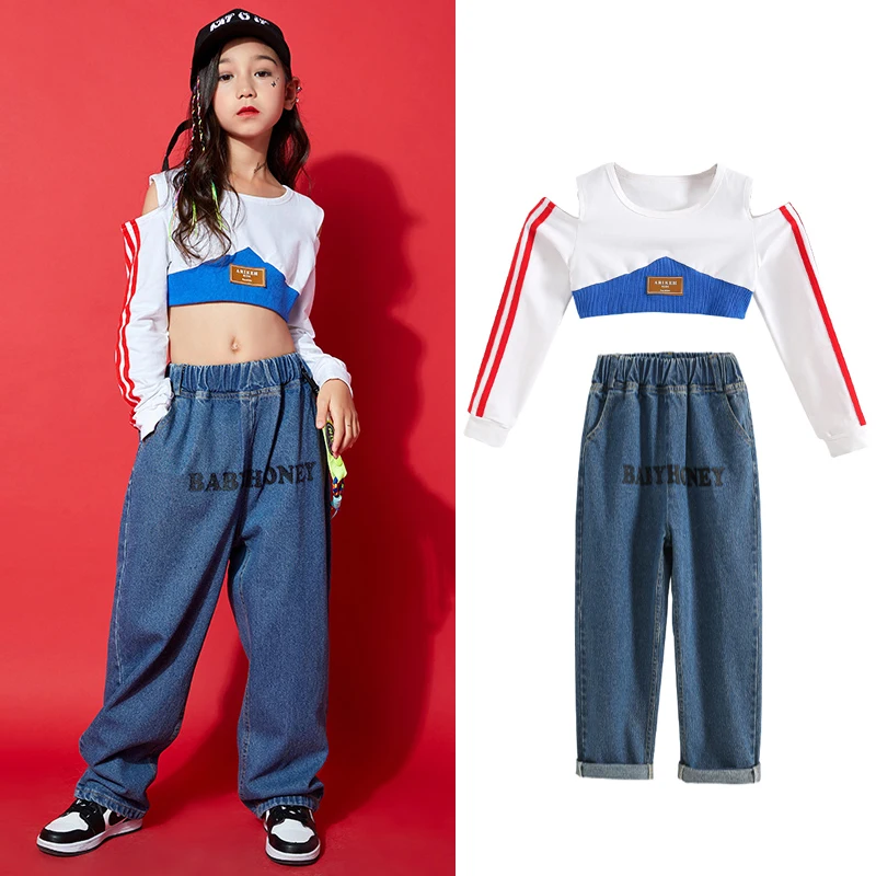 

Fashion Jazz Dance Costume Hip Hop Girls Crop Tops Loose Jeans Modern Dance Hip-Hop Performance Outfits Kids Street Wear BL6047