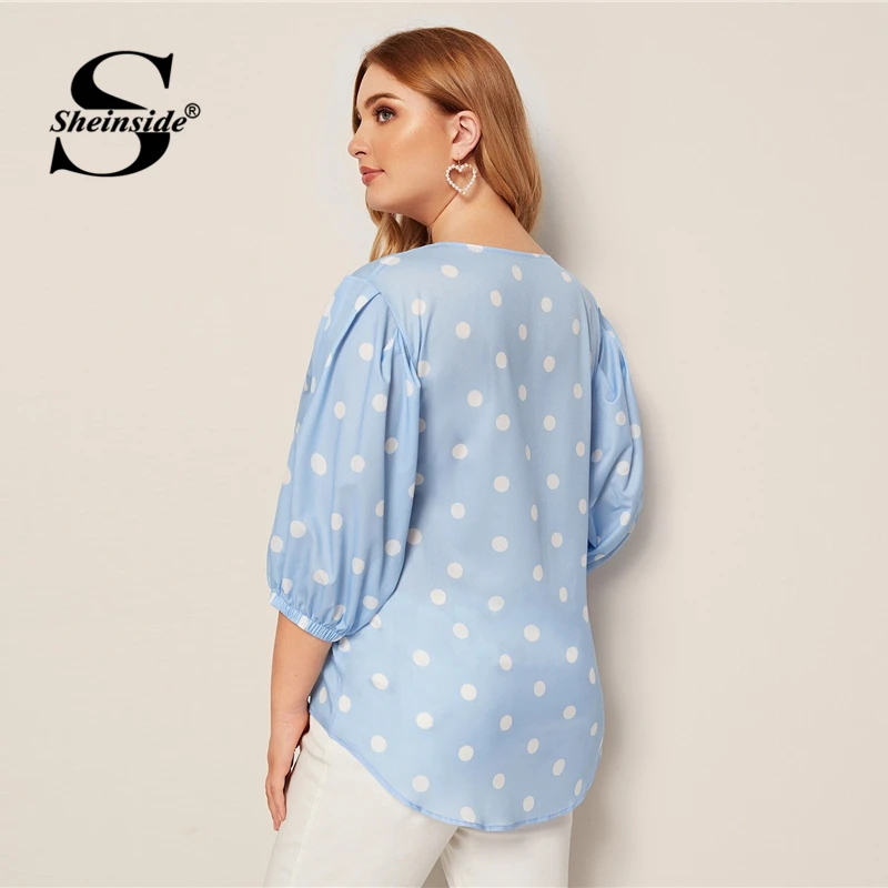 Sheinside/Большие размеры, блузка в горошек с коротким рукавом, Женская Осенняя коллекция года, эластичные Блузы с манжетами, женская синяя блузка с вырезом спереди