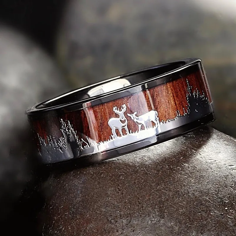 FDLK черное вольфрамовое охотничье кольцо обручальное кольцо с деревянной инкрустацией Олень силуэт кольцо