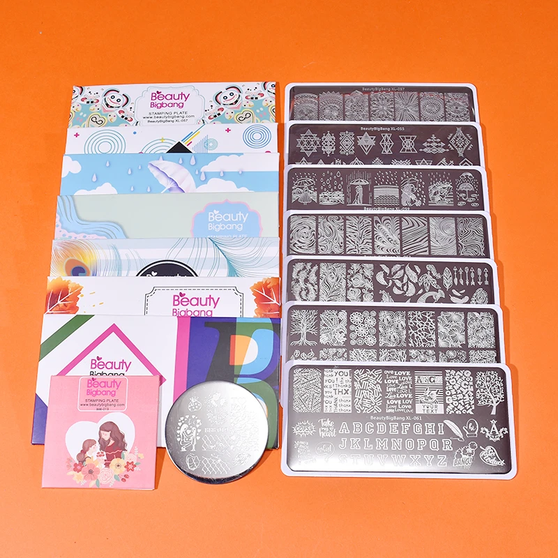 

BeautyBigbang 8 Pcs/Set Nail Stamping Plates Different Style Words Feather Flower Image Stainless Steel Template Set