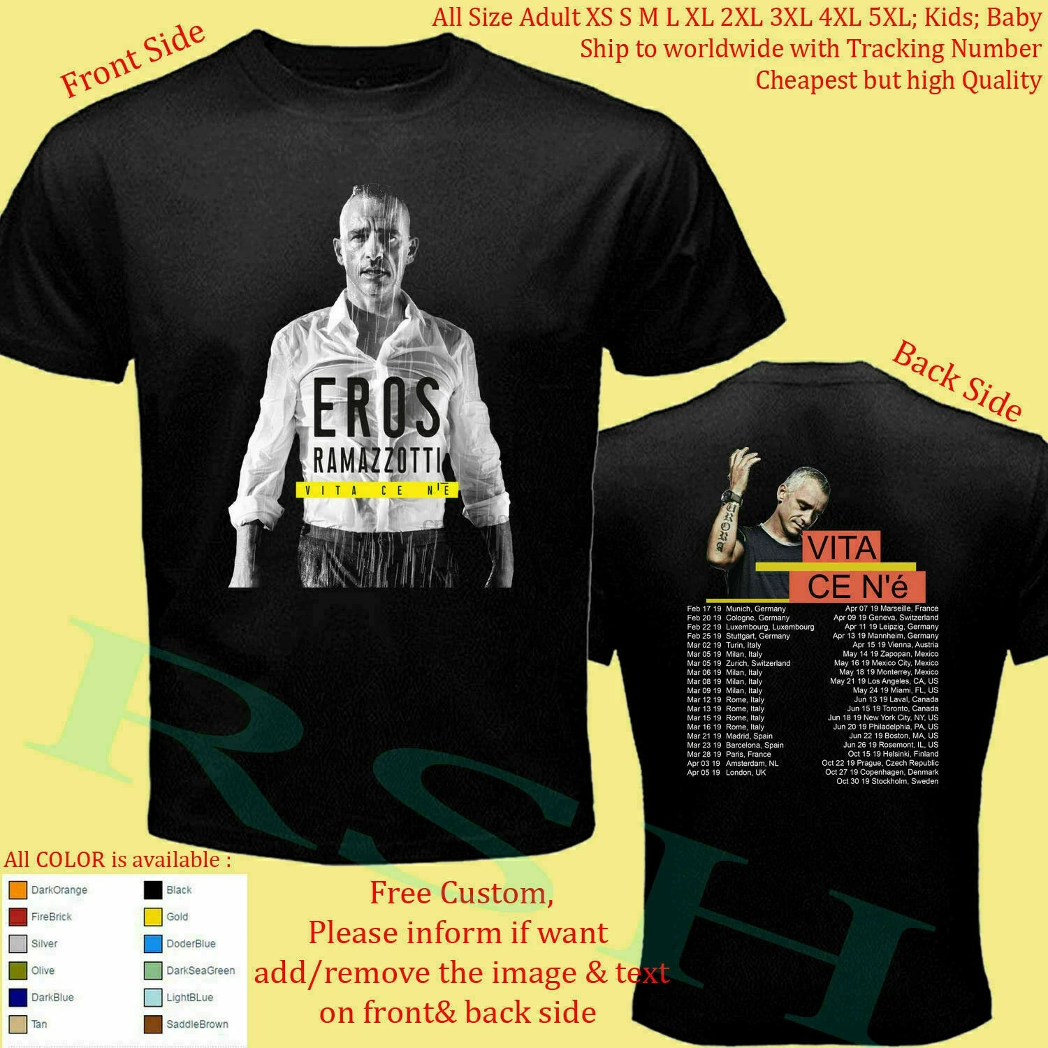 

New Eros Ramazzotti Vita Ce Ne Tour Dates europe 2019 T-SHIRT S-5XL