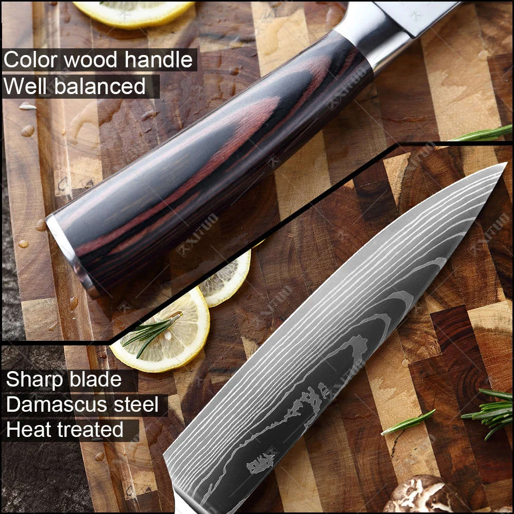 XITUO Kitchen Knife Japanese Knife Cooking Set 3 5 7 8 inch+Laser  Damascus Pattern Paring Fruit Vege Chef Knife Kitchen Tool