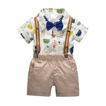 

Summer Baby Boys Clothes Fashion Short Sleeve Cartoon Tops Shirt with Bowknot+Suspender Short Pants Children Casual Outfits Sets