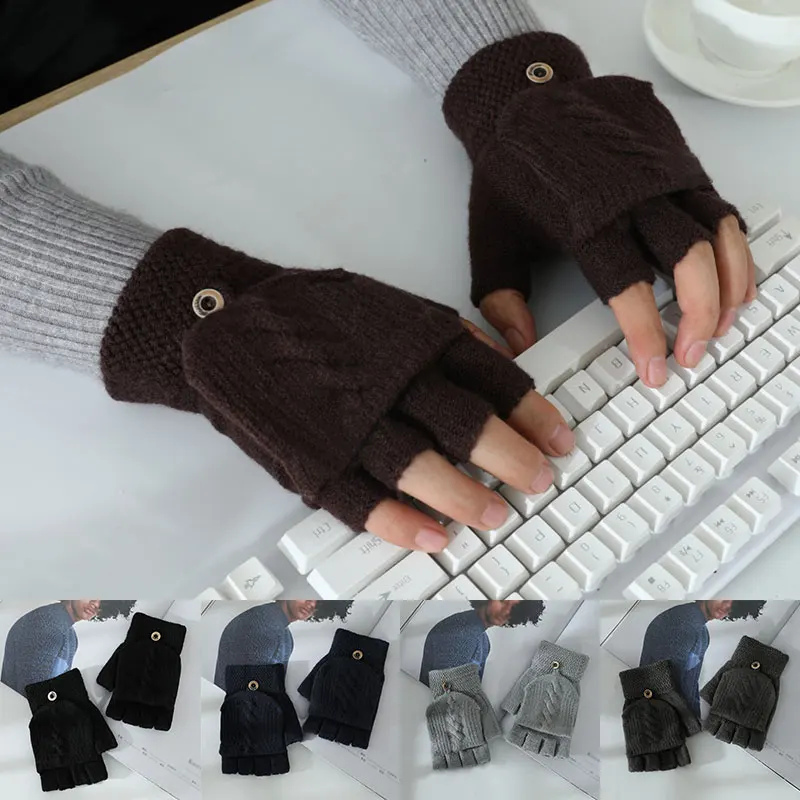 

Half Finger Gloves 1 Pairs Knitted Gloves Solid Color Men Fingerless Gloves Flipped Cover Outdoor Flip Hand Wrist Warmer