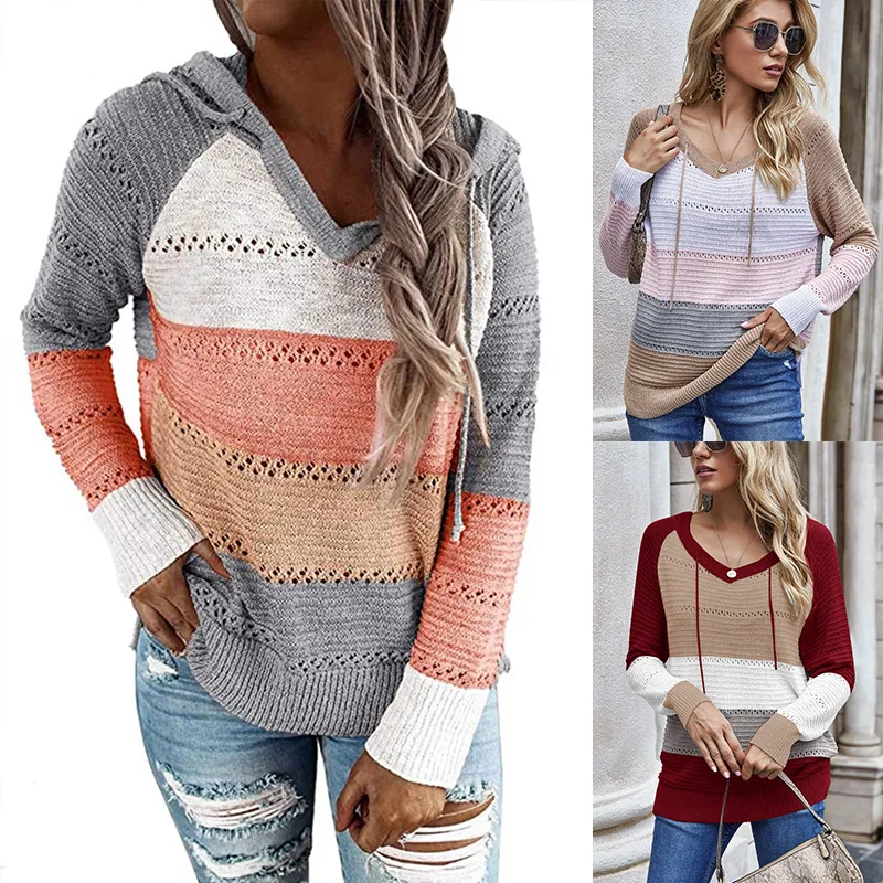 

Autumn Winter Female Loose Long-sleeved Hollow Stripe Knitted Drawstring Hooded Leisure Sweater Elegant Pullover Jumpers