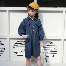 Джинсовое платье с длинными рукавами для девочек, От 4 до 12 лет, повседневное детское платье на одной пуговице с эластичной резинкой на талии для возраста 7, 8, 9, 10 лет