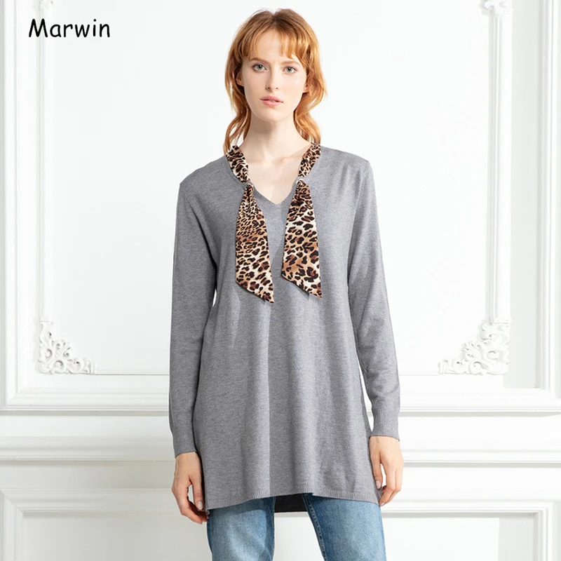 Marwin зимние леопардовые длинные уличные стильные женские пуловеры с v-образным вырезом и бантиком, мягкие европейские женские свитера