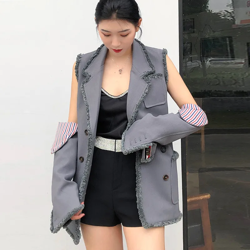 

Fall Winter New Fashion 2019 Runway Women Jackets Notched Long Sleeve Double Breasted Tassel Patchwork Striped Blazer Outerwear