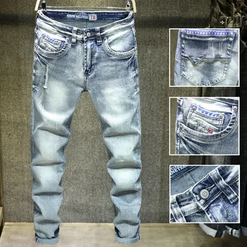 

2020 Light Blue Men's Slim Fit Skinny Denim Pants Solid Colour Man's Fashion Scratched Pencil Jeans Pants Men's wear