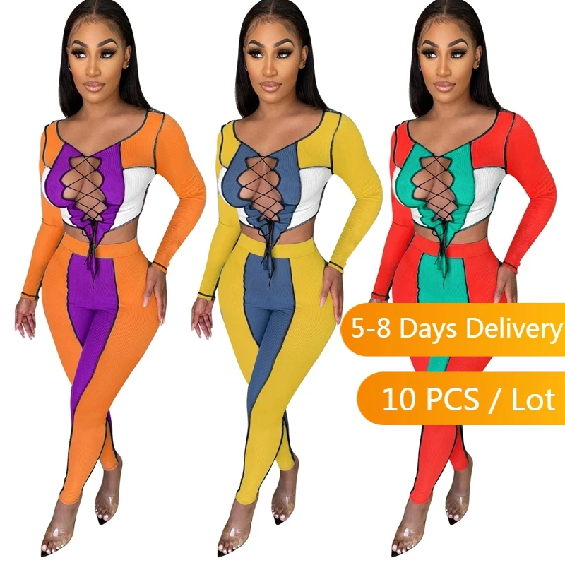 

Wholesale Items Ribbed Tracksuit Women Fall Clothes Lace Up Crop Top Leggings Set Streetwear Contrast Patchwork Matching Sets