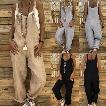 

Women Casual Solid Jumpsuits Strappy Dungarees Vintage Cotton Linen Loose Harem Overalls Wide Leg Pant Lace Up Long Rompers