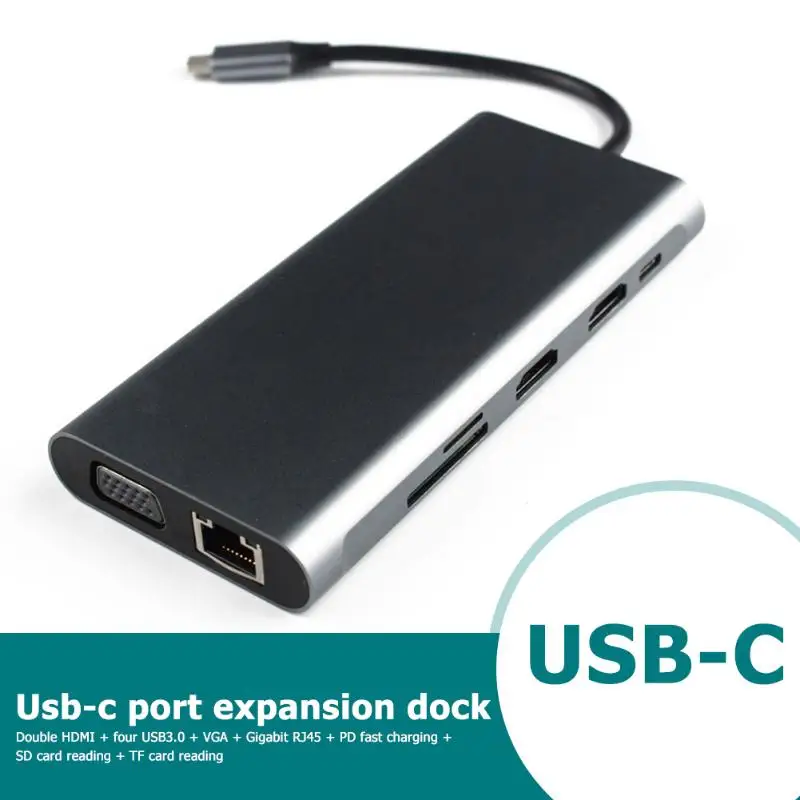 11 в 1 Тип C концентратор Портативный кабель-Переходник USB C на 2xhdmi+ VGA+ 4xUSB3. 0+ RJ45+ PD+ TF карт ридер адаптер USB хаб для портативных компьютеров