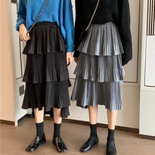 Осенне-зимние длинные юбки женские с высокой талией Асимметричные плиссированные юбки Harajuku больших размеров серые черные юбки с оборками jupe femme