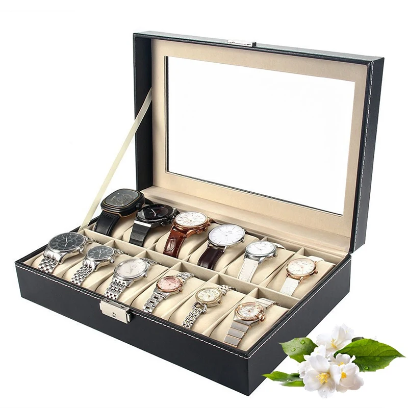 

6/10/12 Slots PU Leather Watch Box Case Professional Holder Organizer for Clock Watches Jewelry Boxes Case Display Hot