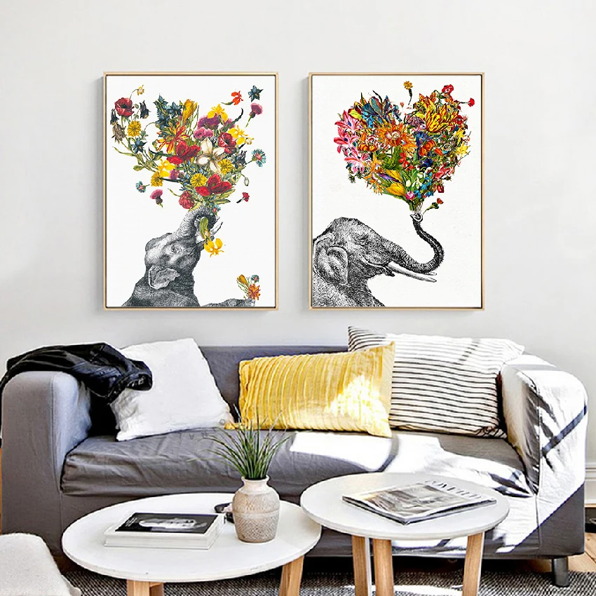 

Modern Elephant Animal Poster Flower Print Forest Canvas Painting Picture Home Aisle Wall Art Graffiti Bedroom Decoration Custom