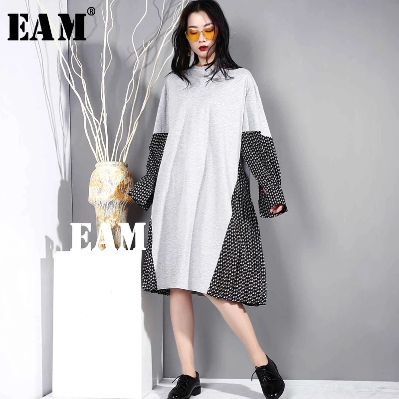 

[EAM] 2019 New Spring Summer Round Neck Long Sleeve Hit Color Loose Pattern Printed Big Size Dress Women Fashion Tide JO634