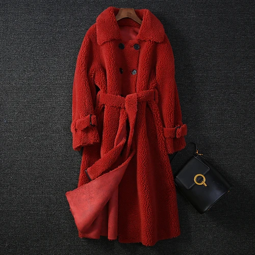 Pomegranate red AreMoMuWha/новое зимнее пальто с искусственным мехом на море; Женская овечья стрижка; длинное пальто из композитного меха; шерстяное пальто в Корейском стиле; меховые пальто; QX1227 - Цвет: Pomegranate red