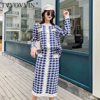 

TVVOVVIN Plaid Two Piece Set For Women O Neck Long Sleeve Sweater High Waist Skirts Slim Female Suit 2019Autumn Fashion New L712