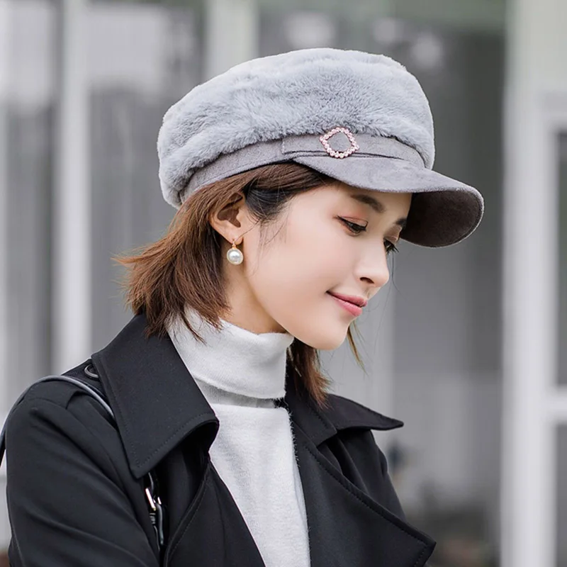 MAERSHEI/ Модные женские береты gorras, женская шапка в стиле милитари с кроличьим мехом, утолщенная теплая плоская кепка, восьмиугольные шапочки Newsboy - Цвет: gray