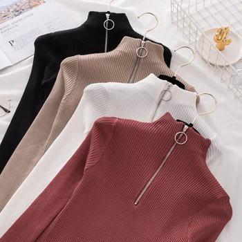 

Zipper Turtleneck Sweater Korean Women Sweaters Fall Winter Tops Pullover Jumper Knitted Sweater Pull Femme T