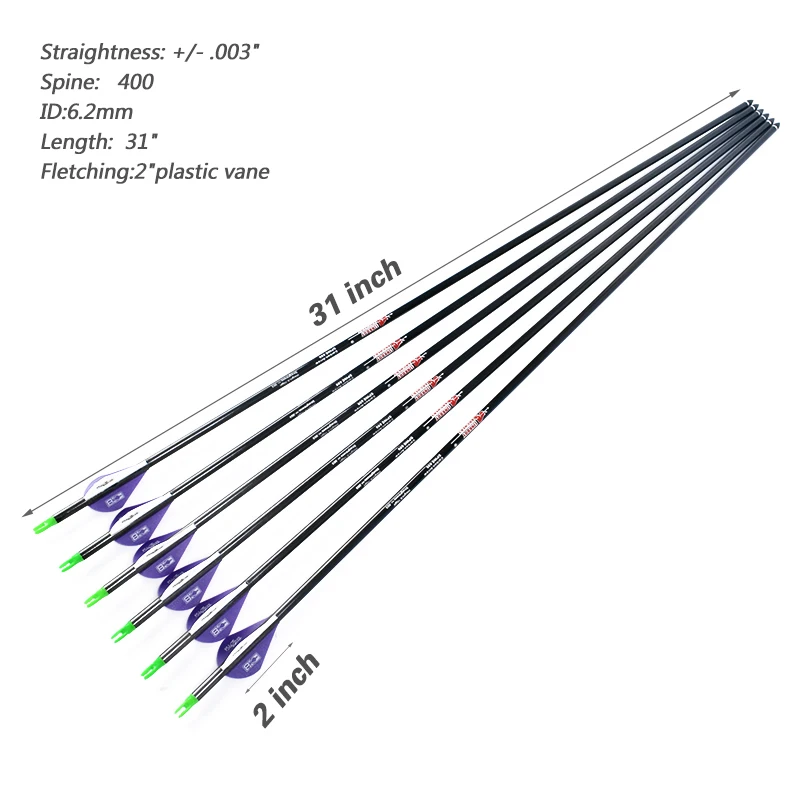 6/12 шт 31 дюймов позвоночника 400 чистый углерод стрелка Фиолетовые женские туфли с отделкой белыми перьями, для изогнутый лук/луков блочного лука охота стрельба из лука