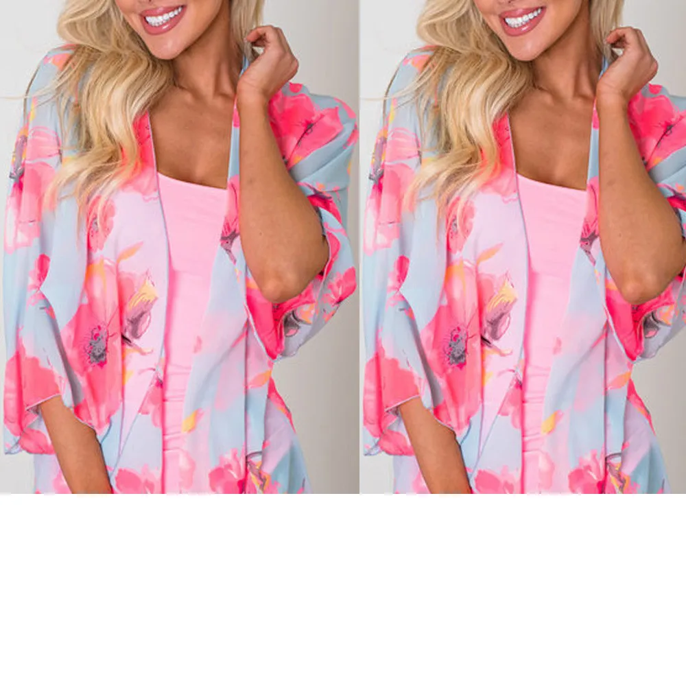 Пикантные рубашка Для женщин модные топы Летнее цветочное шифоновое кимоно