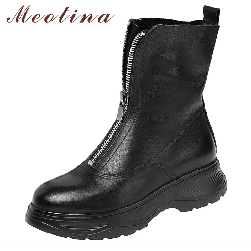 

Meotina Autumn Ankle Boots Women Natural Genuine Leather Flat Platform Short Boots Zipper Round Toe Shoes Lady Autumn Size 34-42