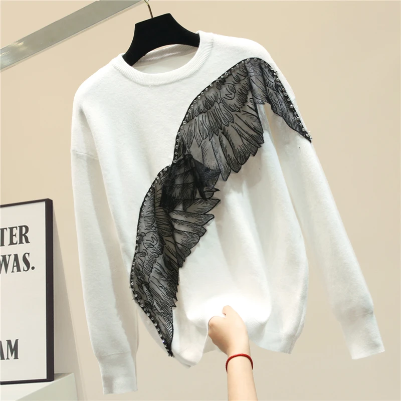

Sweater Women's 2020 New Autumn Winter Sweater Lace Patch Sweater Warm Sweaters Pullovers Female Sweter Nancylim Pull Femme