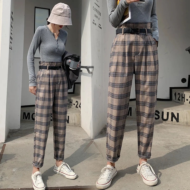 JVCAKE women checked pants sweatpants cargo plaid pants office lady 2020 autumn Korean women joggers clothing plus size JVCAKE women checked pants sweatpants cargo plaid pants office lady 2020 autumn Korean women joggers clothing plus size