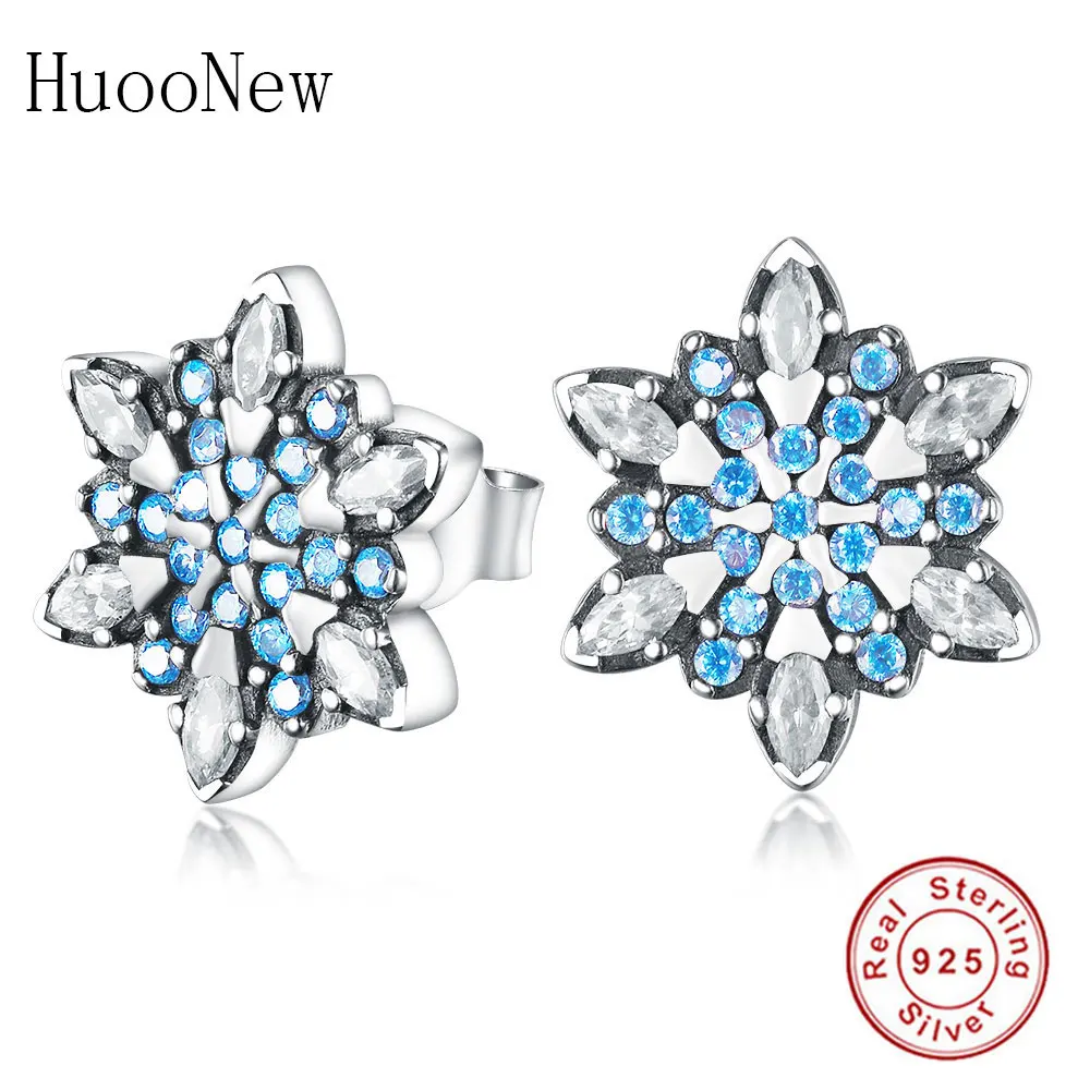 

925 Silver Sparkling Snowflake Blue Cubic Zirconia Crystal Stud Earrings For Making Women Girl Kids Brinco Christmas Pendientes