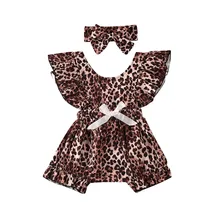 Barboteuse léopard pour bébés filles, vêtements pour enfants en bas âge, combinaison à volants, bandeau, vêtements pour enfants, 0 2T