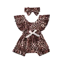 Newborn Baby Girls Leopard Rompers Infant Kids Clothes Toddler Girls Ruffles Jumpsuit Headband Outfits Children's Clothing, 0-2T