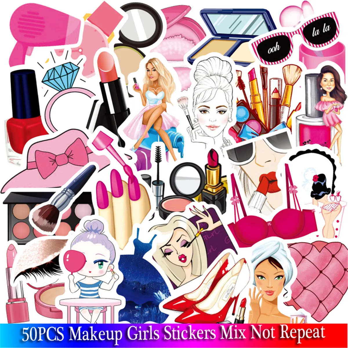 50 PCS Makeup Girls Pink Stickers Sets For Laptop Motorcycle Snowboard Luggage Phone Fridge Car DIY Graffiti Stickers Packs BP1023YL