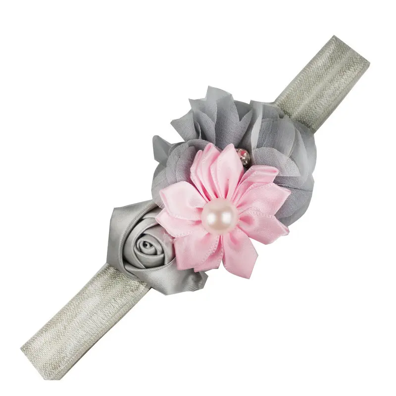 Gray with pink 10 шт./партия, г., нарядная атласная Цветочная эластичная повязка для волос, аксессуары для волос - Цвет: Gray with pink