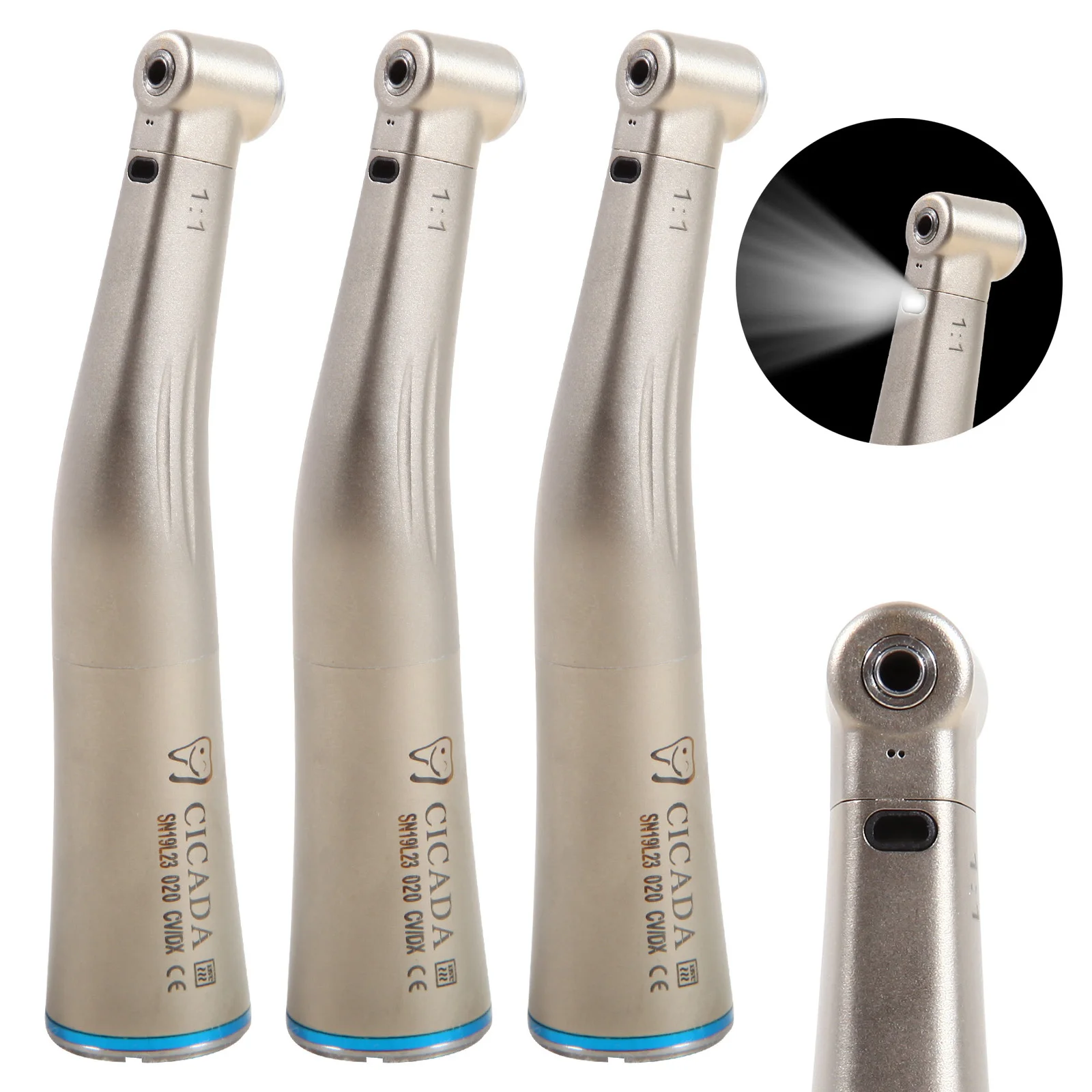 

1-3Pcs Dental Fiber Optic LED Light Contra Angle 1:1 Low Speed Push Button Handpiece Internal water spray fit NSK E-type