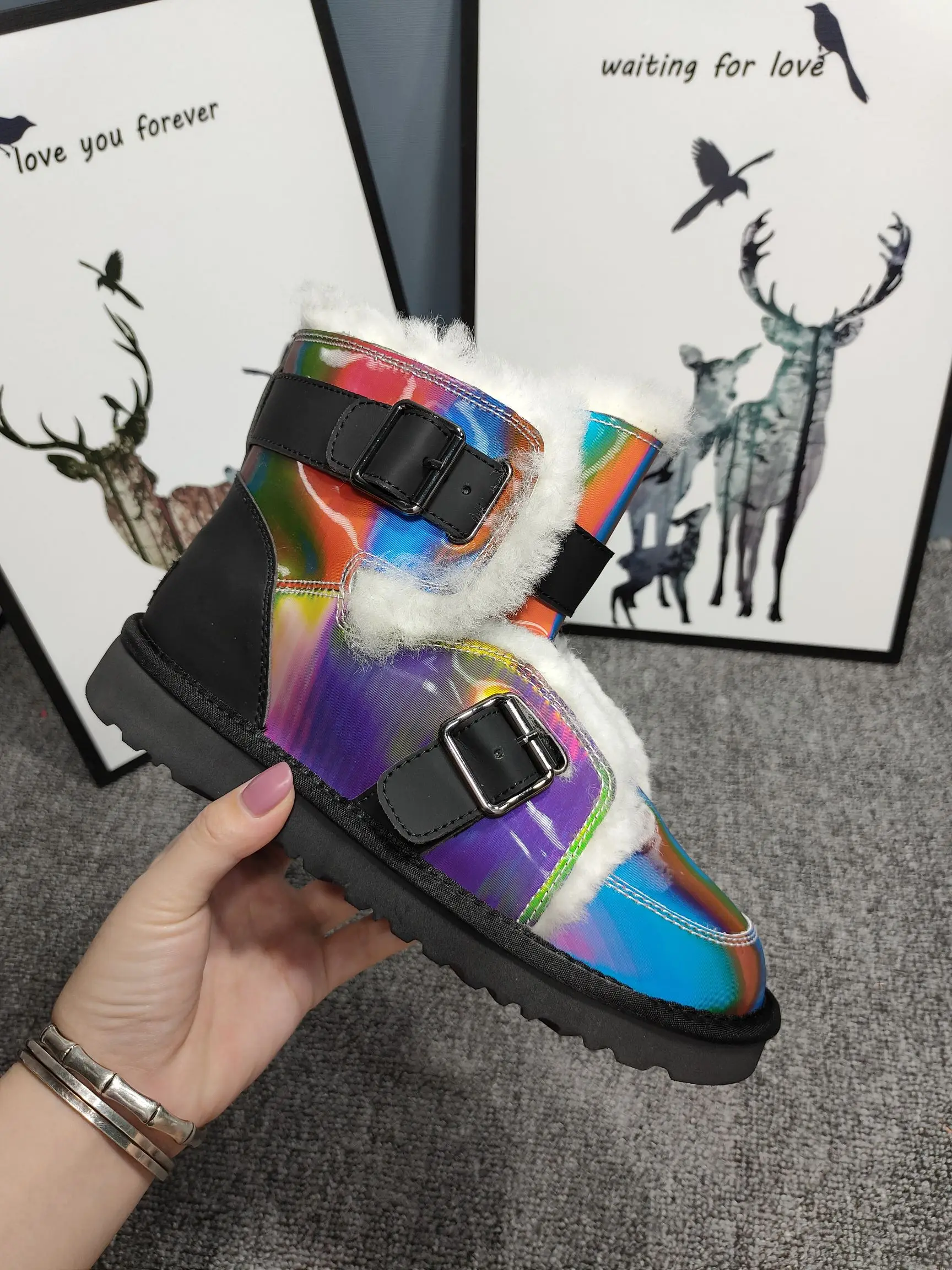 

Vibsterimma High Quality Snow Boots Women Genuine Leather Wool Flat Booties 5 Colors Motorcycle Boots