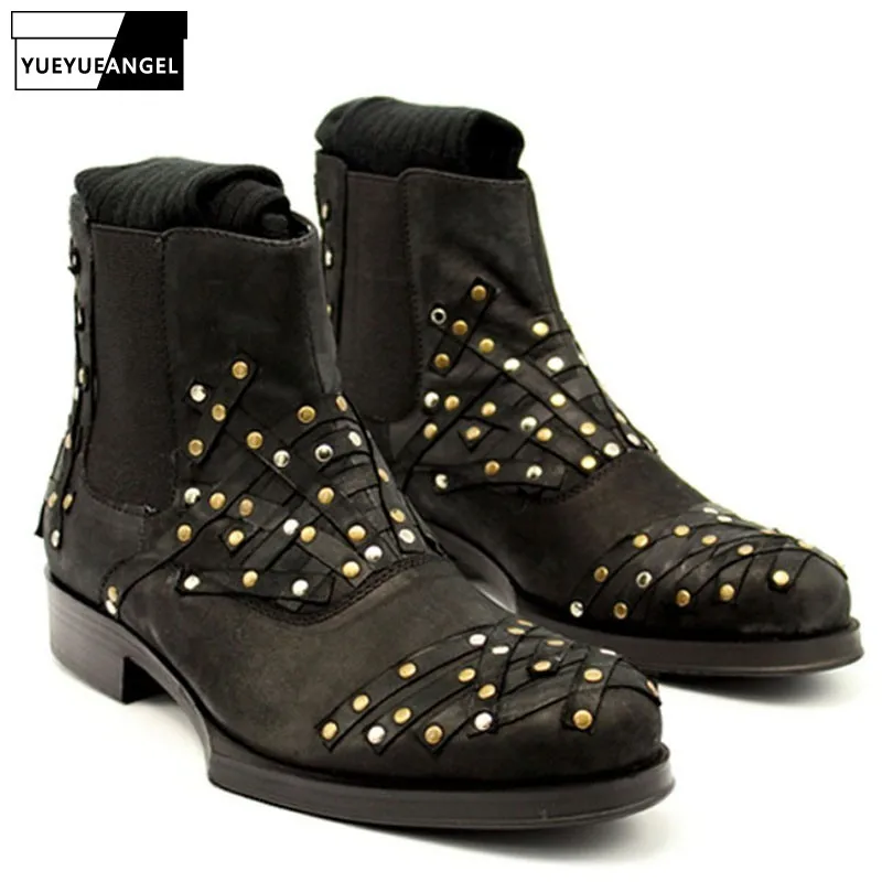 Punk Style Boots Men Round Toe Rivet Block Heel Chelsea Male Plus Size Casual Slip On Ankle High Top Dress Footwear | Обувь