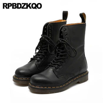 

round toe combat black military 2019 front lace up casual ankle boots autumn trend designer genuine leather flat women shoes