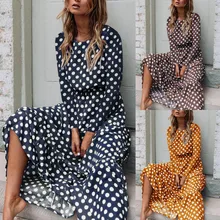 Женское сексуальное длинное платье в горошек с длинным рукавом, вечернее платье с круглым вырезом, женская одежда, модная элегантная одежда sukienka