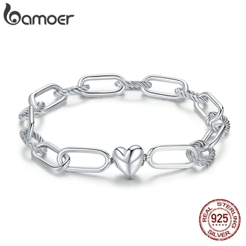 bamoer Silver Paper Clip Bracelet 925 Sterling Silver Heart Love Chain Bracelets for Women Engagement Jewelry Gift SCB202