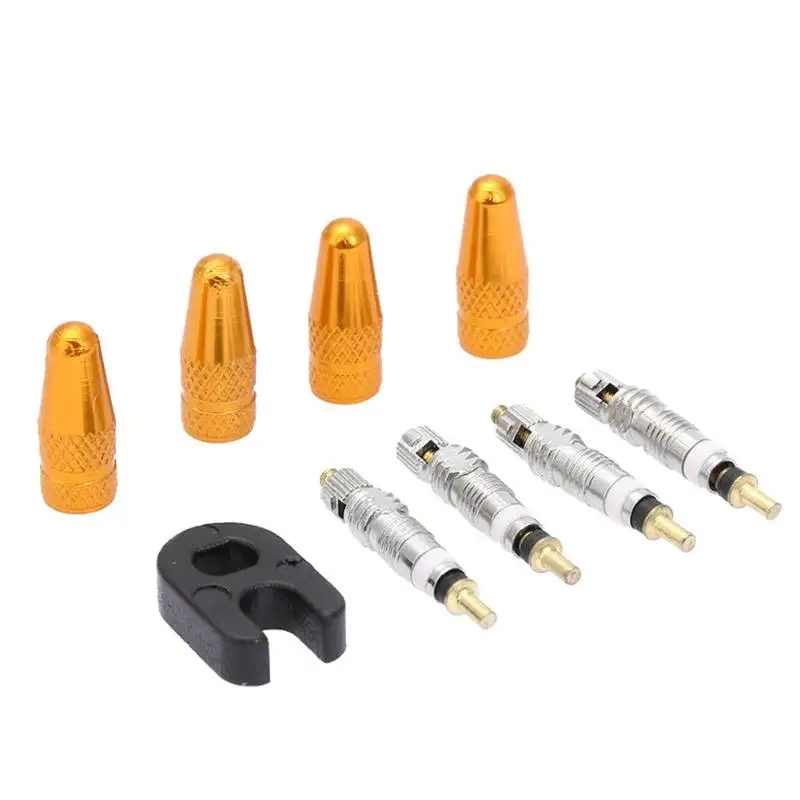 Gold 4 шт. колпачки штока клапана Presta+ 4 шт. сердечники клапана+ набор велосипедных инструментов - Цвет: Gold