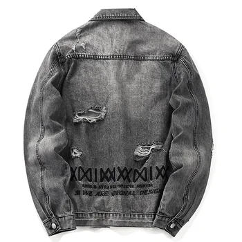 

2019 Fashion Autumn Male Streetwear Grey Jeans Jackets Slim Fit Hip Hop Denim Jackets Men Jeans Coat Hole Ripped