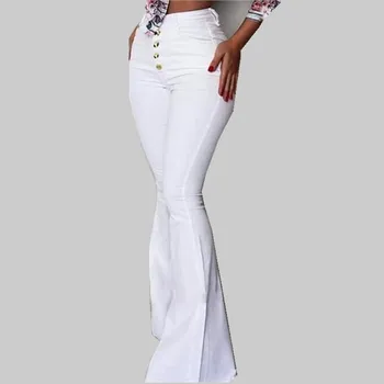 

2019 Autumn Button High Waist Flare Pants Women Solid Slim White Flare Trousers Elegant Skinny Work Wear